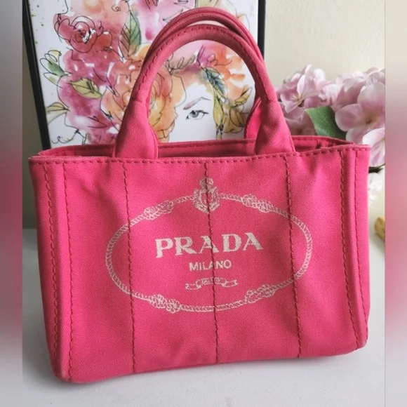 PRADA Pink Peonia Canapa Canvas Tote Bag